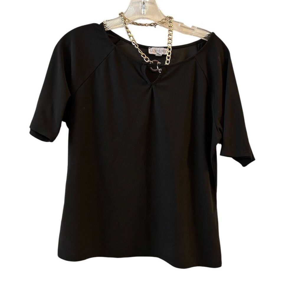 Luxology Women's Black Knit Blouse L‎ with Removable Silver Chain